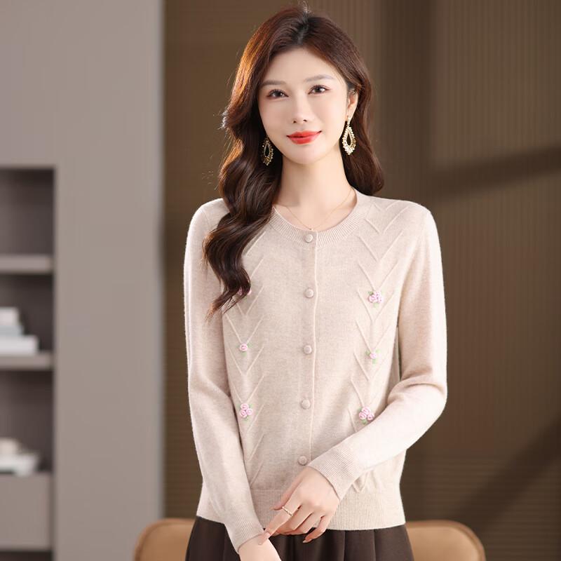 Women's 100% Pure Wool Embroidered Round Neck Cardigan