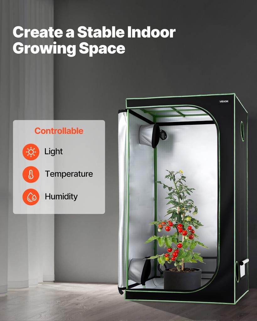 VEVOR Indoor Grow Tent, 100 x 100 x 200 cm, 600D High Reflective Mylar, Indoor Plant Tent with Observation Window, Floor Tray & Zipper