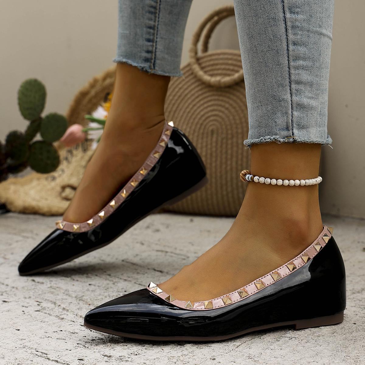 

Модные женские балетки с острым носком, весенние, с заклепками, модные, женские балетки, универсальные, мягкие туфли-лодочки, женские слипоны, zapatos 42 чёрный