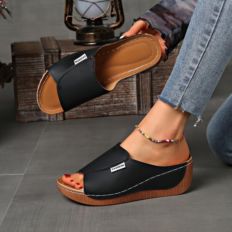 Large-sized Thick-soled Casual Slipper Women's Shoes 2025 New Style Wide Band Simple and Fashionable Fish-mouth Wedge Heel Slipper