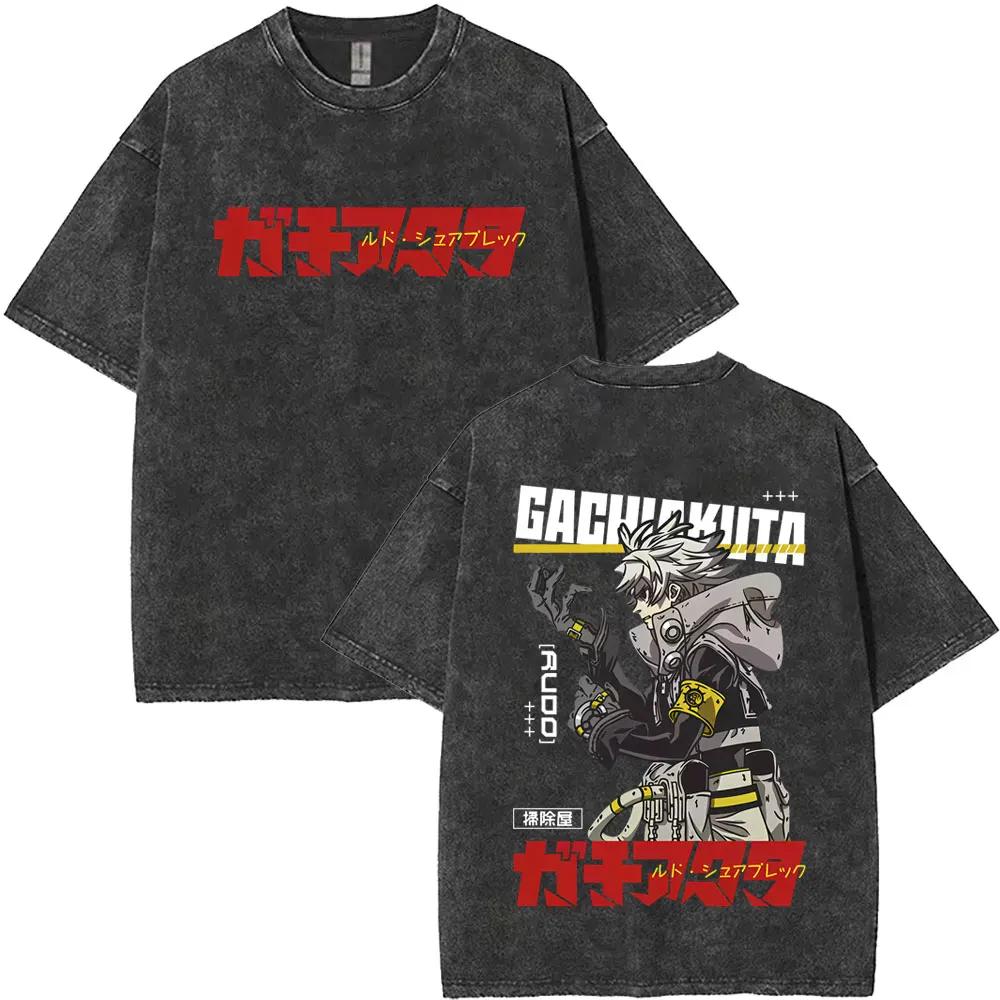 Washed Vintage Anime Gachiakuta Rudo Enjin Zanka Riyo Face Graphic T-shirt Men Women Casual Cartoon Manga Short Sleeve T-shirts