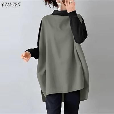 Women Stand Collar Loose Casual Long Sleeve Patchwork Blouse