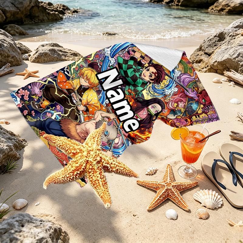 Custom Name Personalized Demon Slayer Print Beach Towel, for Trip Camping Beach Party Home Decor, Birthday Gift for Family & Friends