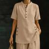 Women's 2 Piece Linen Sets, Short Sleeve Button Up Top And Wide Leg Pants Matching Outfits, Summer Casual Lounge Sets with Pockets