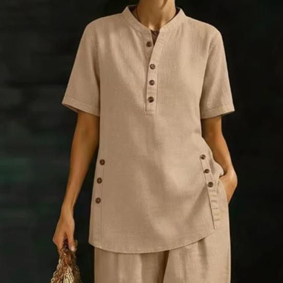 Women's 2 Piece Linen Sets, Short Sleeve Button Up Top And Wide Leg Pants Matching Outfits, Summer Casual Lounge Sets with Pockets