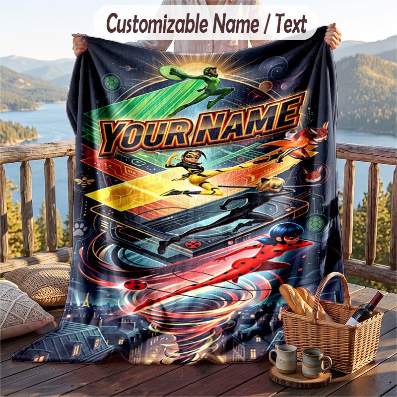 Miraculous Ladybug Flannel Blanket, Personalized Custom Name Text, Soft Warm Plush Throw Blanket For Gift