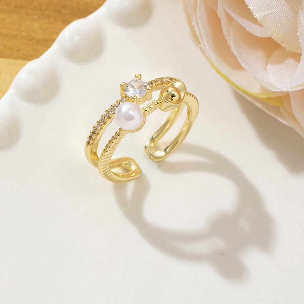 Fashion Design, Pearl Open Ring, Women's Light Luxury, Elegant and High-end Temperament, Full of Diamonds, Zircon Ring.
