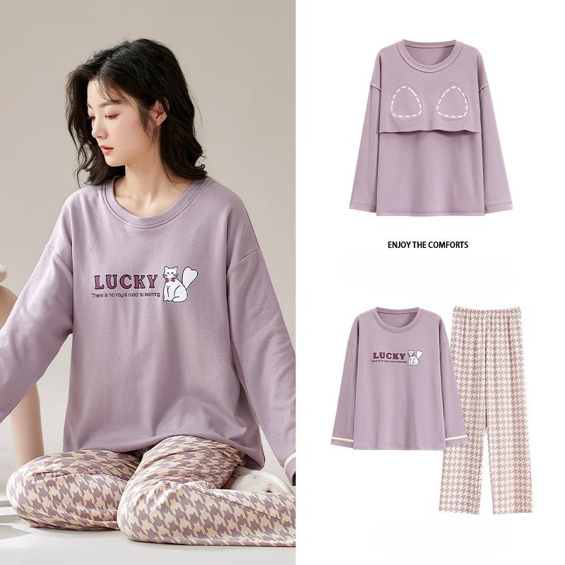 New Autumn Pajamas with Chest Pad Women Knitted Cotton Pajama Set Homewear Pijama Mujer Long Sleeve Casual Soft Female Sleepwear