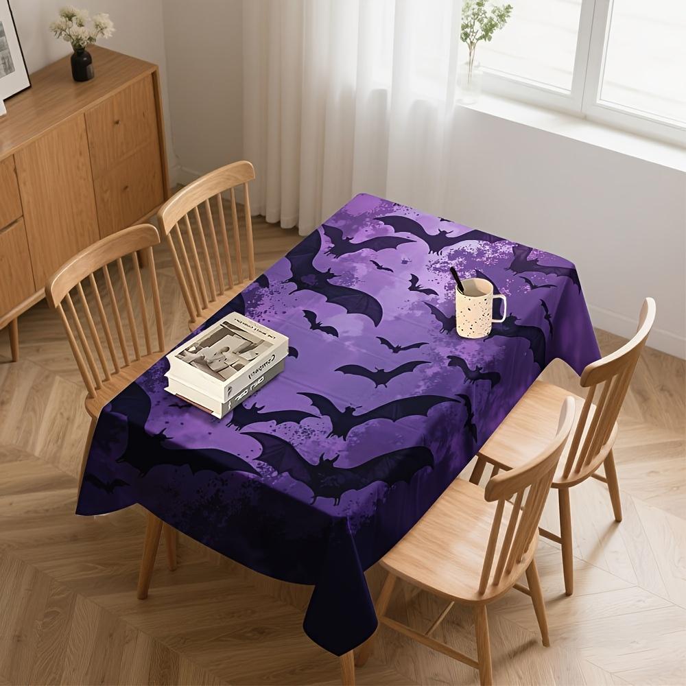 Halloween Rectangle Table Cloth Purple Black Bat Table Cover Waterproof Tablecloth Spooky Halloween Party Dining Home Decor