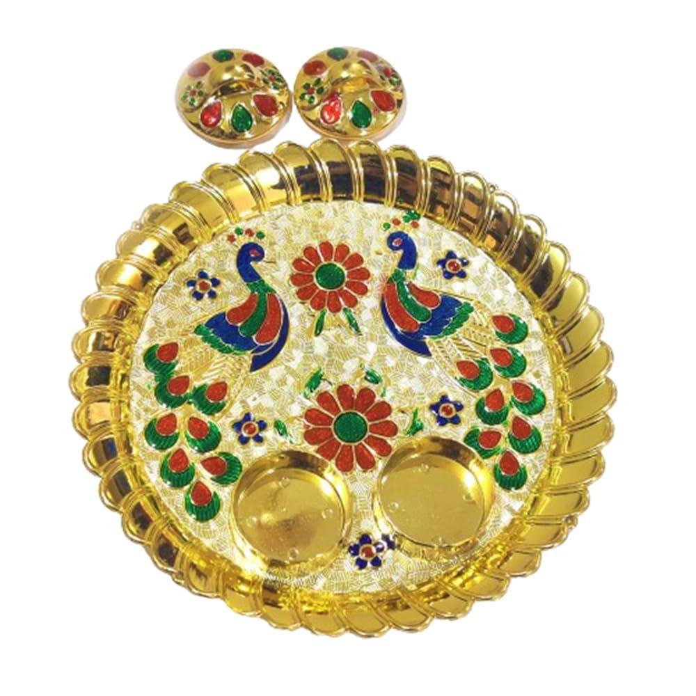 Minakari Work Peacock Shaped Pooja Thali with Fashionalble Kankavati, Decorative Items/Aarti Thali for Home Mandir |