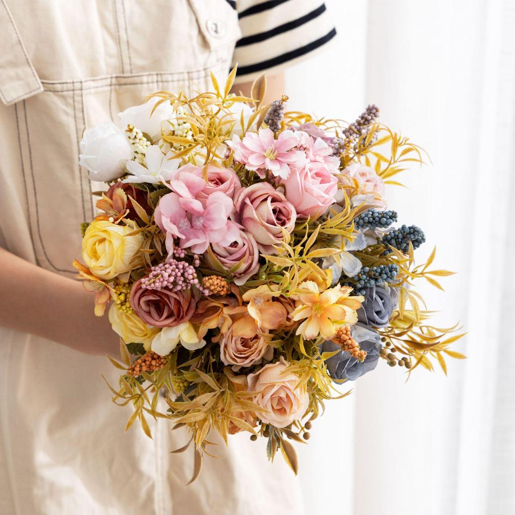 Autumn-Inspired Nordic Silk Rose Bouquet – Artificial Floral Decor for Home & Living Room