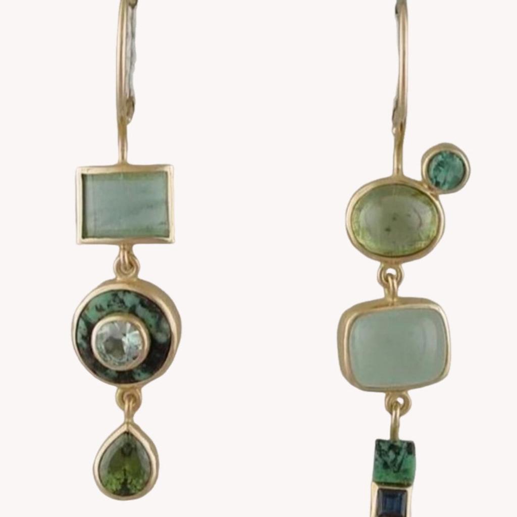 Asymmetrical Green Tone Geometric Drop Earrings for Women Retro Bohemian Style Earrings for Vacation and Daily Wear