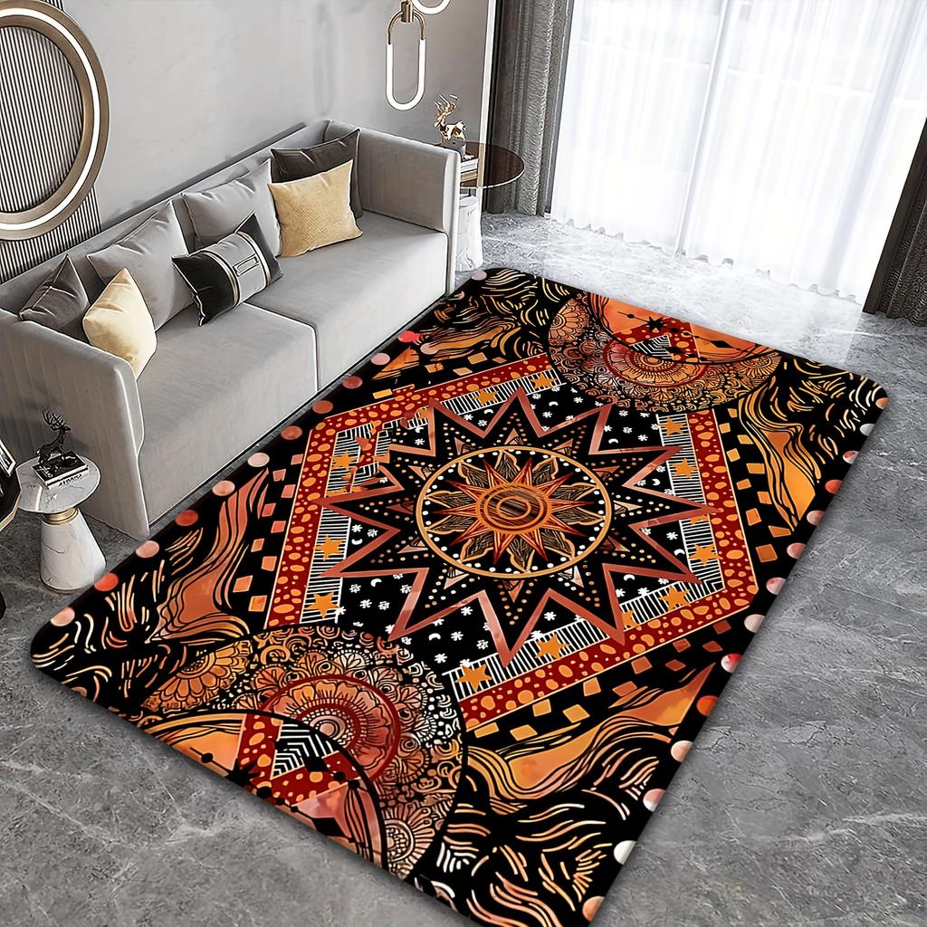 Ethnic Sun Mandala Print Flannel Area Rug Bohemian Style Floor Mat for Living Room Bedroom Home Decor Soft Non Slip
