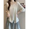 Women's Cream Ribbed Knit Oblique Button Split Hem Half Sleeve Casual Blouse