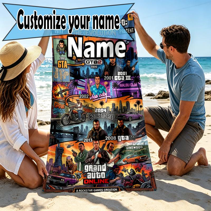 Custom Name Personalized Grand Theft Auto VI Print Beach Towel, for Trip Camping Beach Party Home Decor, Birthday Gift for Family & Friends