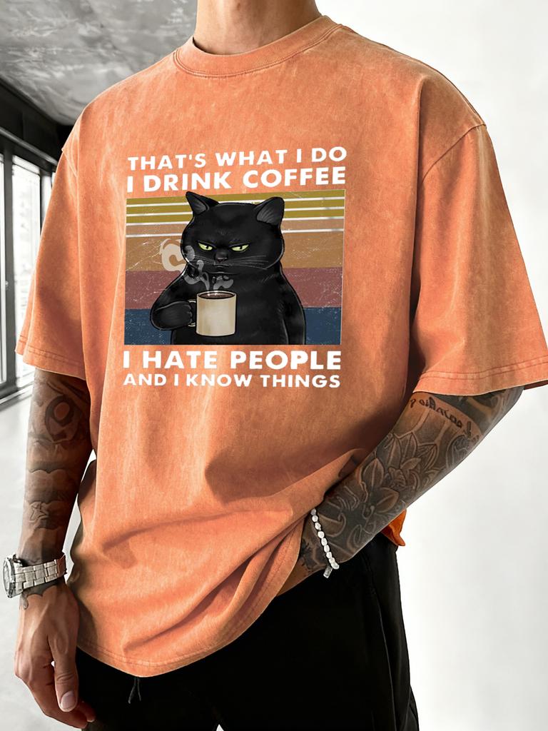 Cats Love To Drink Coffee Pattern Washed TShirts Men Oversized Casual T Shirt Sport Crewneck Tee Tops Cotton Summer Clothes