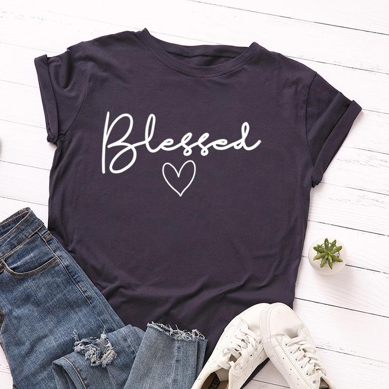Blessed Letter Cotton T-Shirt Short Sleeve Round Neck Women 2d Print Tops