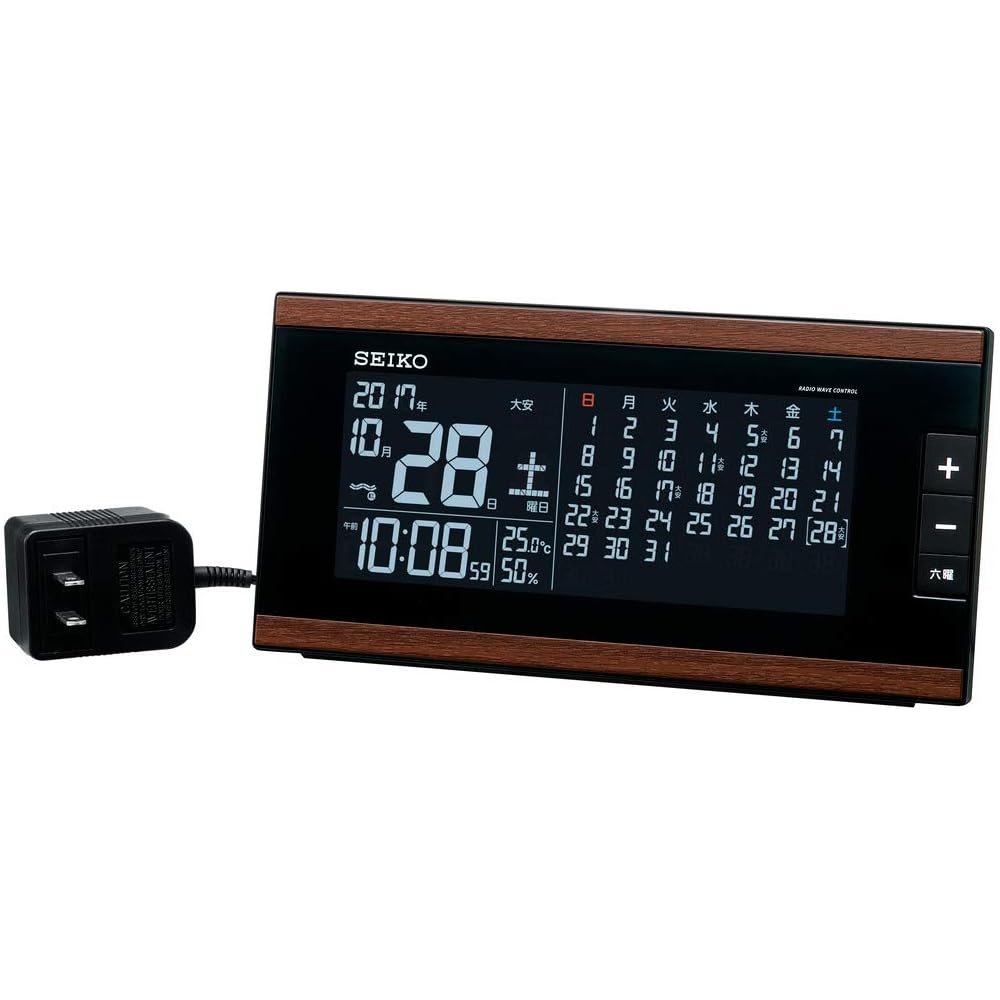 Seiko Clock DL212B SEIKO Alarm Clock, Radio-controlled, AC-powered, Digital, Monthly Calendar Function, Rokuyo Display, Brown Wood Grain Pattern