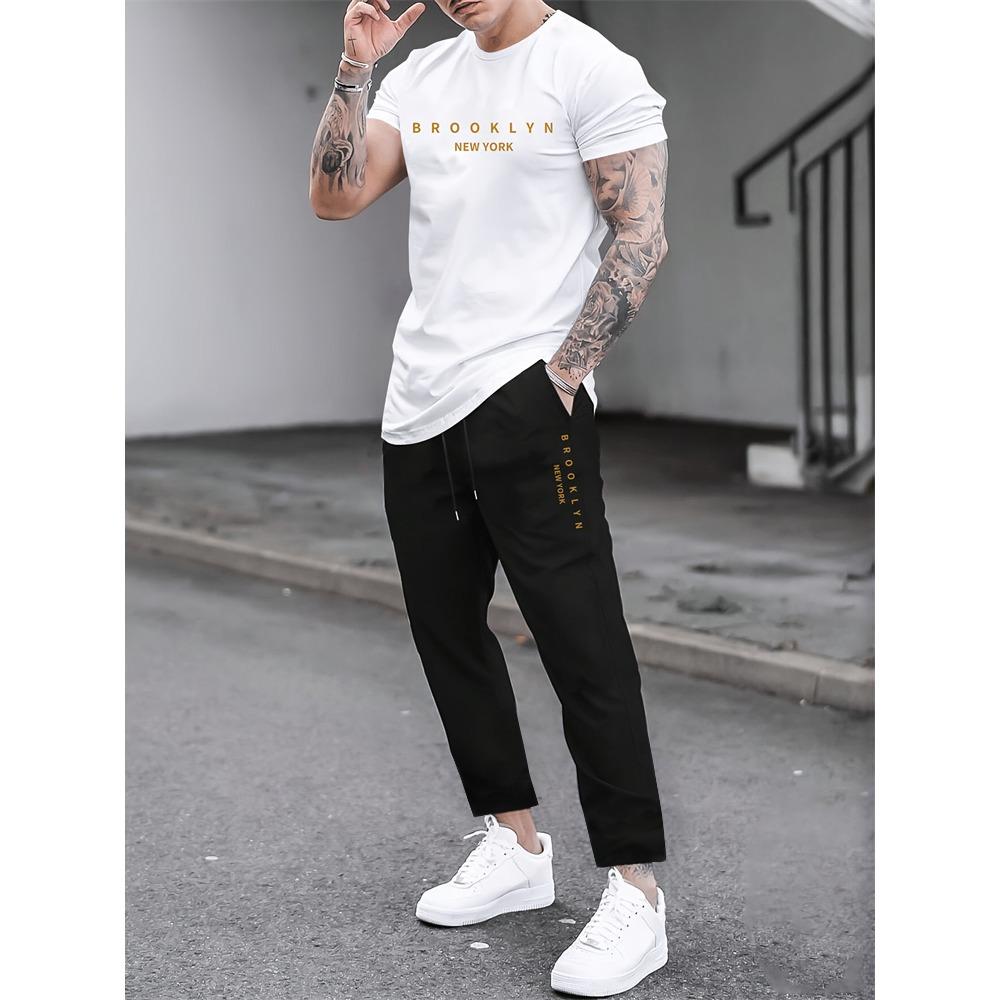 2 Piece Regular Fit Men's Jogger Pants Letter Printed Men's Short Sleeve T-Shirt Set Street Outdoor Casual Fashion Set