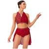 S-XXL Women's Dancewear Set: Sleeveless Halter Ruched Crop Top & Sparkly Rhinestone Irregular Hem Skirt with Built-in Briefs for Lyrical Performance