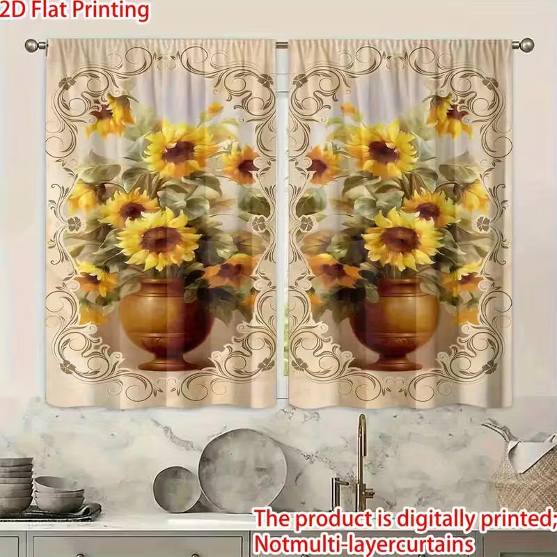 Vibrant Vase Sunflower Curtains Digital Print Privacy Polyester Living Bedroom Window Vintage Home Curtain Set Of 2 Farmhouse Made With Rod Pocket