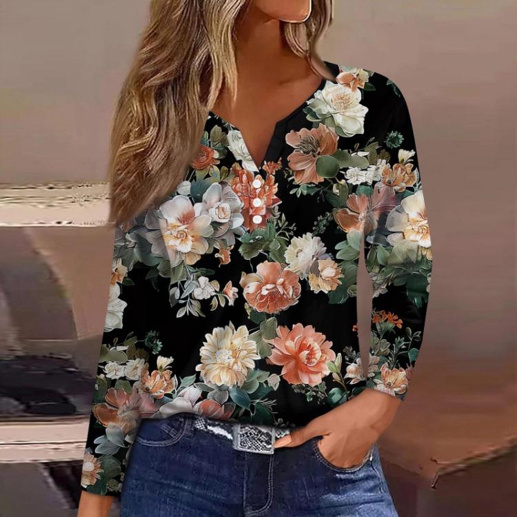 Damen T-Shirt mit Blumenmuster V-Ausschnitt Langarm Reguläres Oberteil Basic T-Shirt Alltags-Wochenend-Mode Knopf