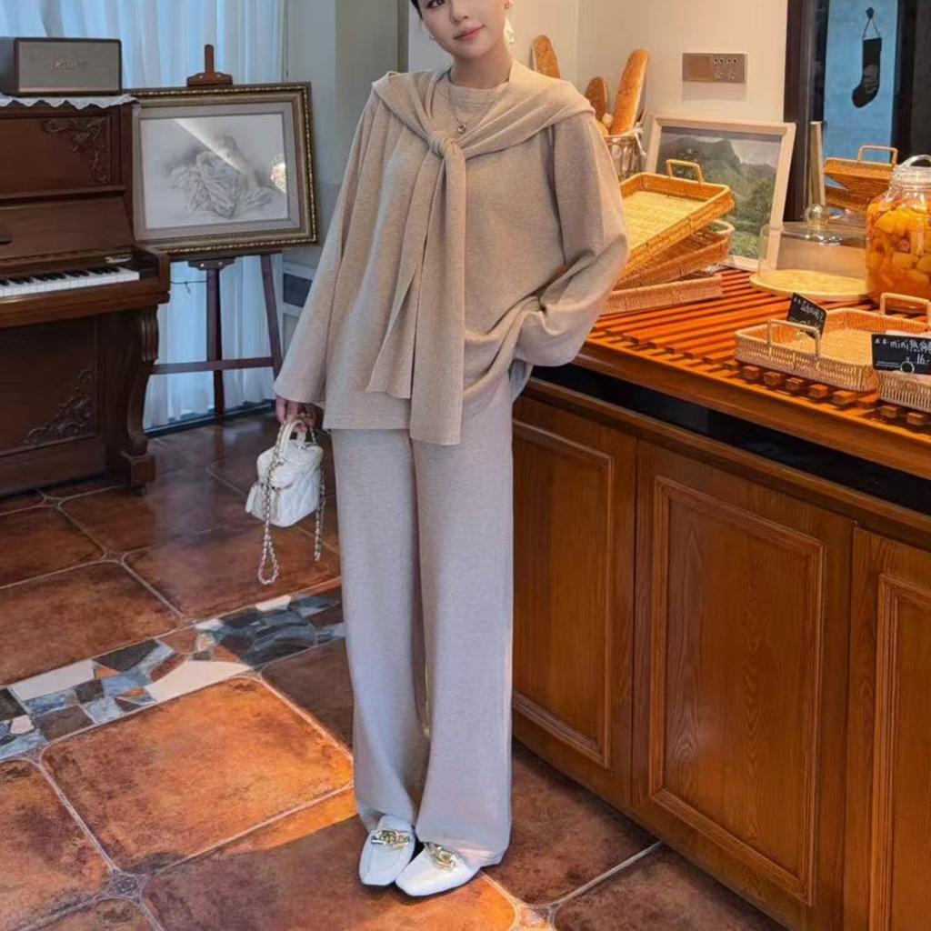 Temperament elegant knitted sweater set women's spring and autumn new loose lazy style casual top pants shawl three-piece set