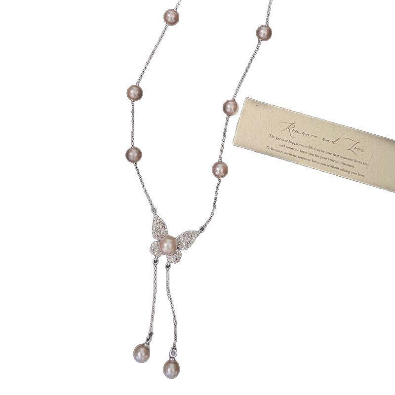 Bead Butterfly Tassel Necklace Light Luxury High Sense Stacking Wear Long Thin Collarbone Chain Necklace