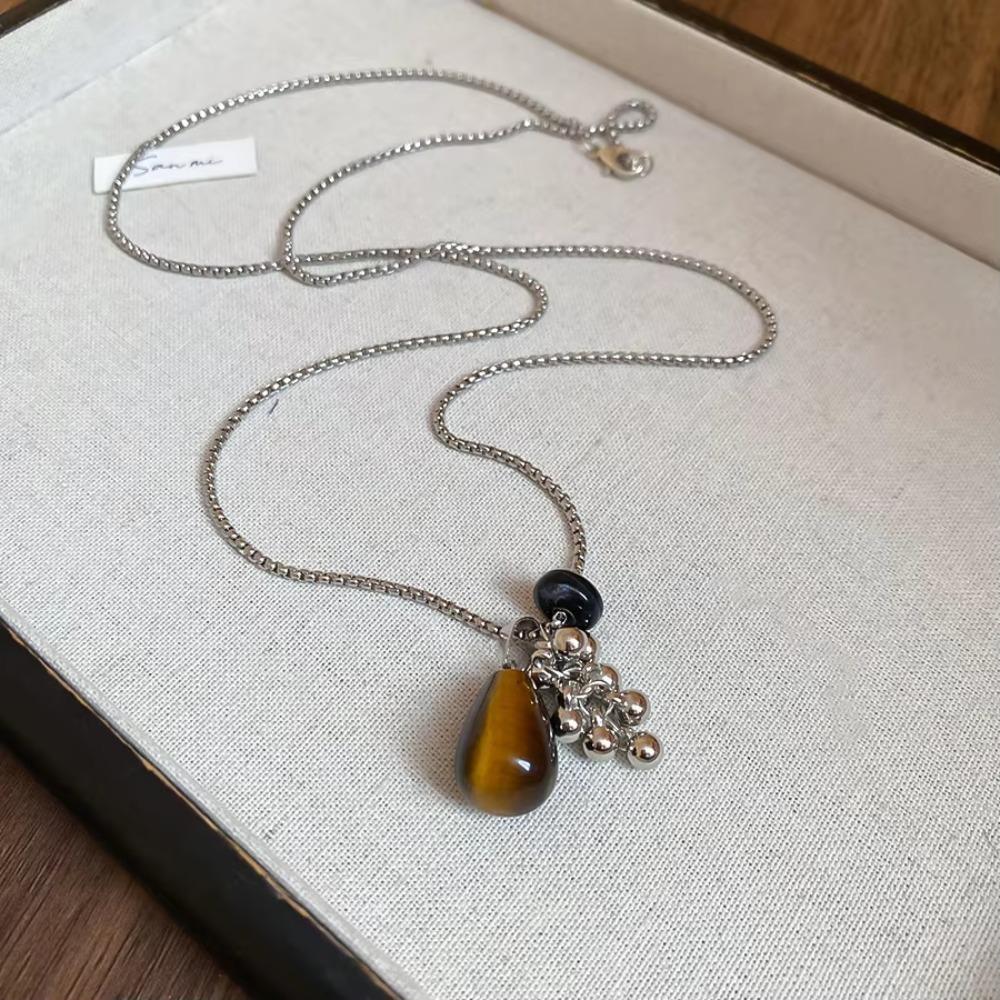 Exquisite Spotted Tiger Eye Stone Long Chain Necklace Long Chain Irregular Pendant Long Versatile Clavicle Metal Sweater Chain