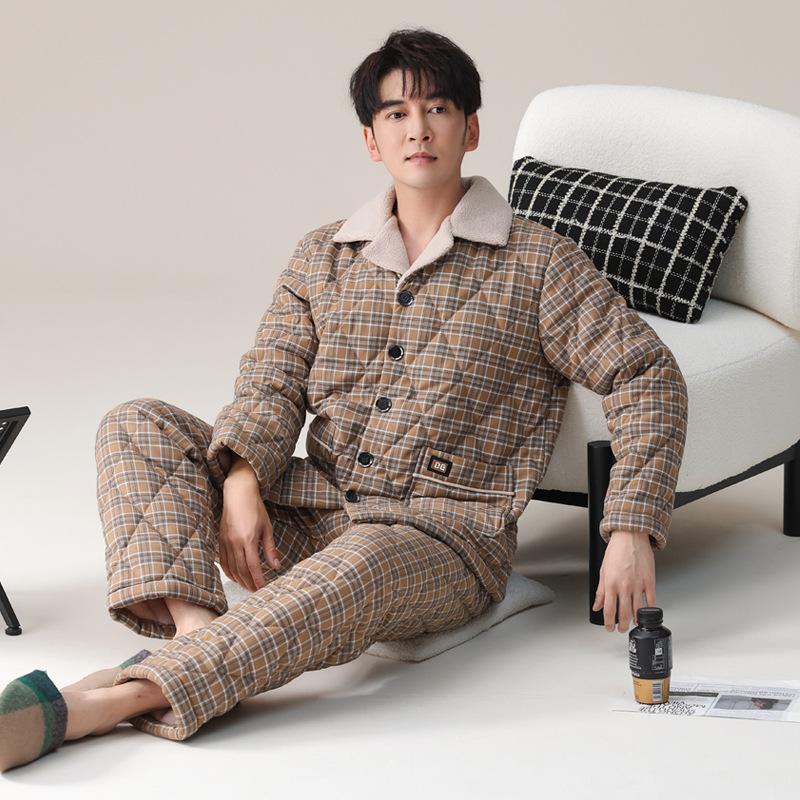 Pajamas Men'S Winter Pure Cotton Padded Three-Layer Thickened Piled Padded Cotton Woven Warm Autumn And Winter Loungewear Set