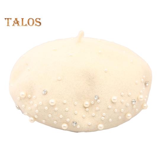 Women Beret Faux Pearl Rhinestone Decor Vintage English Style Woolen Hat No Brim Solid Color Adjustable Straps Pumpkin Cap