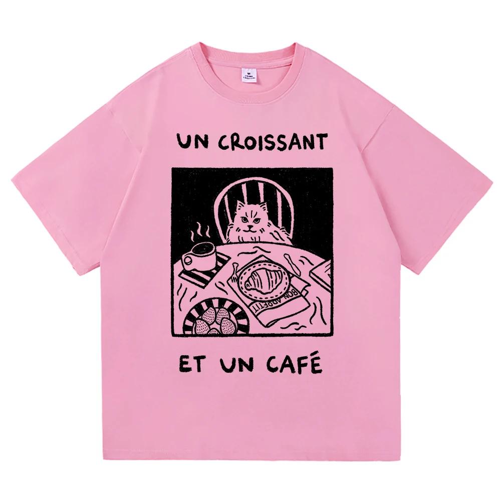 French Cafe Cat T Shirt Fashion Women Summer Funny Letter Un Croissant Et Un Cafe Tshirt High Quality Cotton Tees Shirts