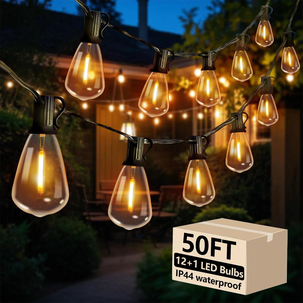 50FT ST38 LED Globe String Lights 12 Bulbs 2700K Warm White E12 High Voltage Black Cable with Hooks Replaceable Line