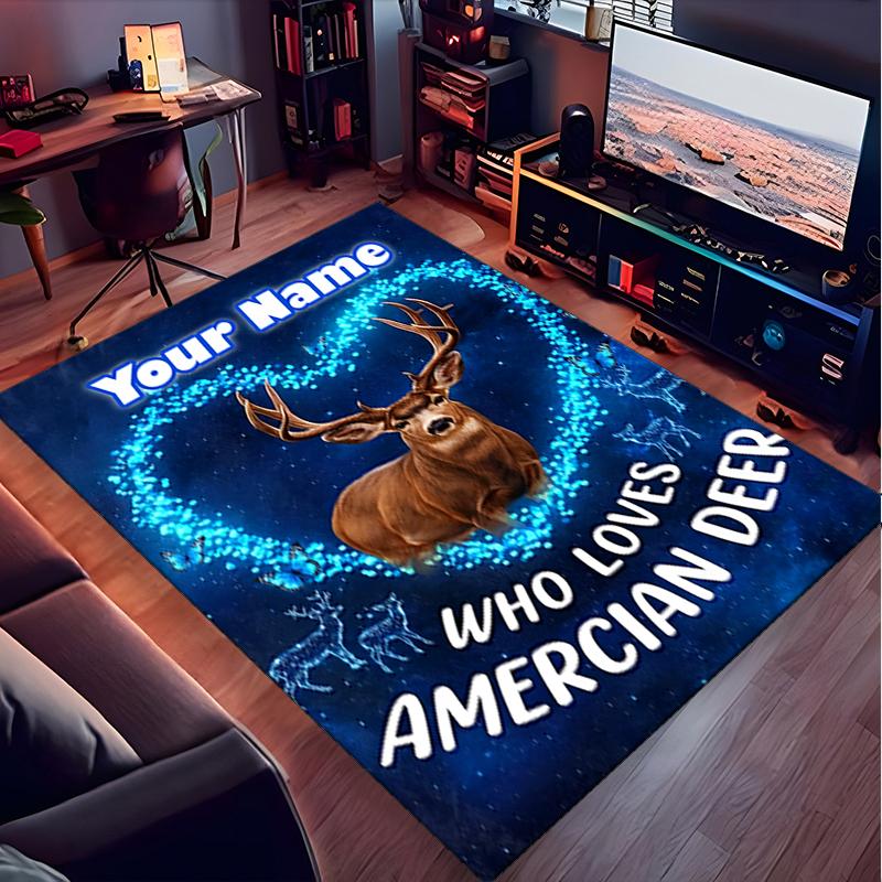 1PC Custom Name American Deer Love Theme Floor Mat Ideal for Living Room, Game Rooms, Office, Bedroom,Floor Mat Playful Design