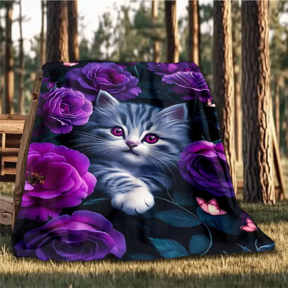 

1pc Cat Roses Outdoor Blanket - Soft Flannel Cozy for Travel & Camping - All-Season Warm Bed Cover, Machine Washable yy251229102 75x90cm