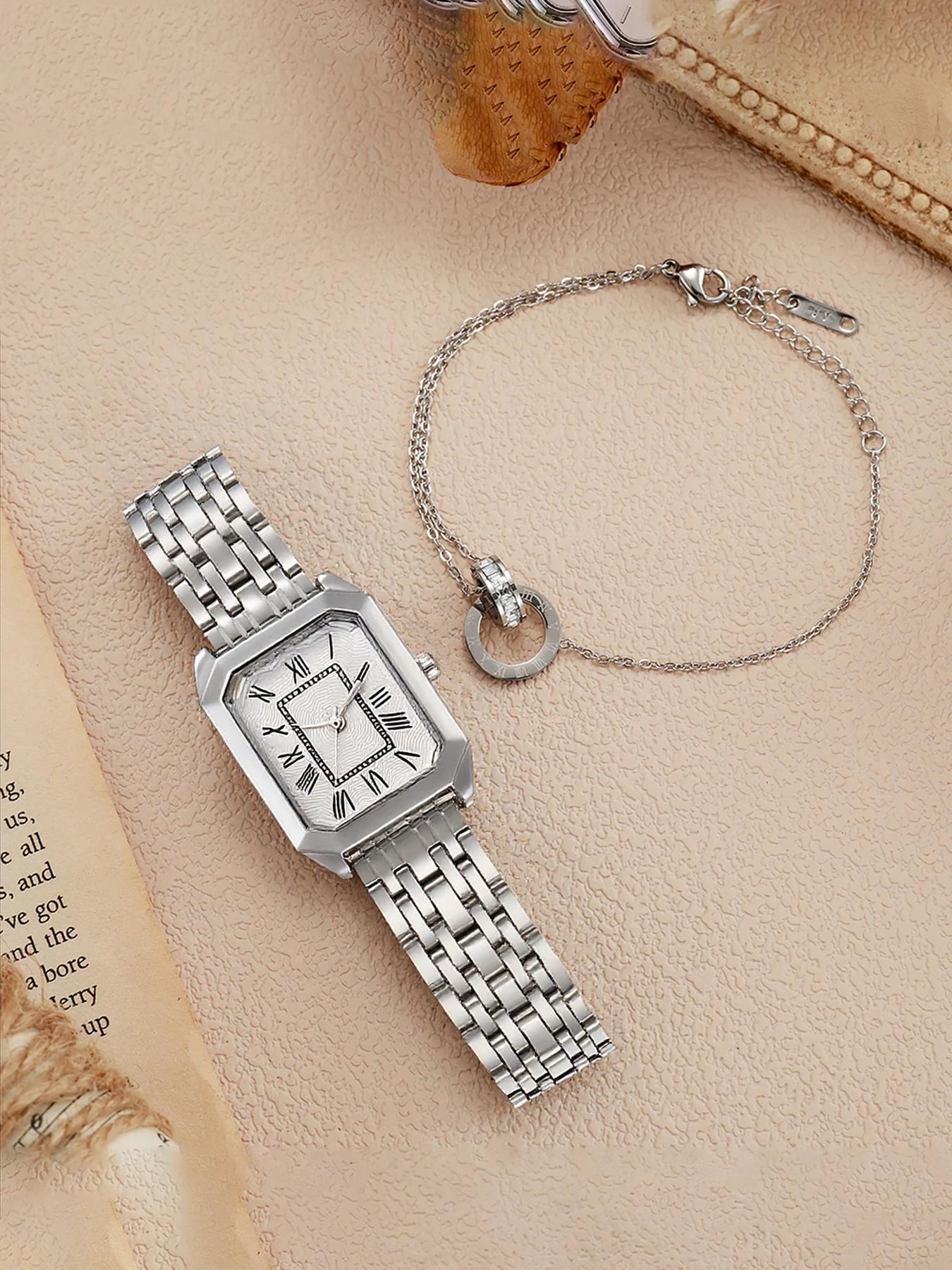 

Fashion Light Luxury Roman Numerals Square Dial Alloy Strap Women Quartz Watch Bracelet 2 Piece Set, Suitable for Daily Wear, Th срібний