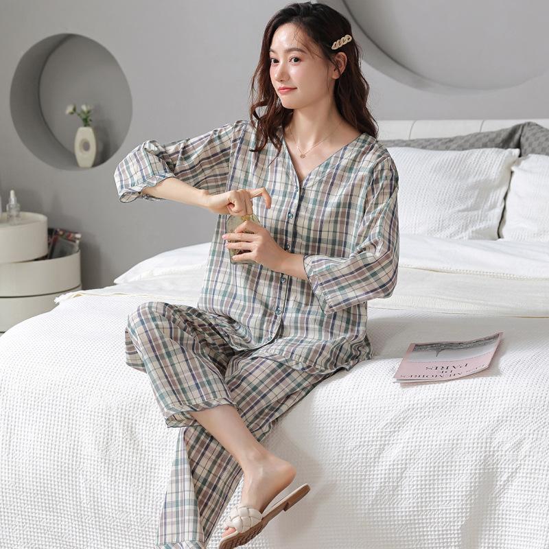 Women's pajamas: spring/summer pure cotton pure cotton, summer plaid woven cotton nine-quarter sleeve long pants, thin loungewear set