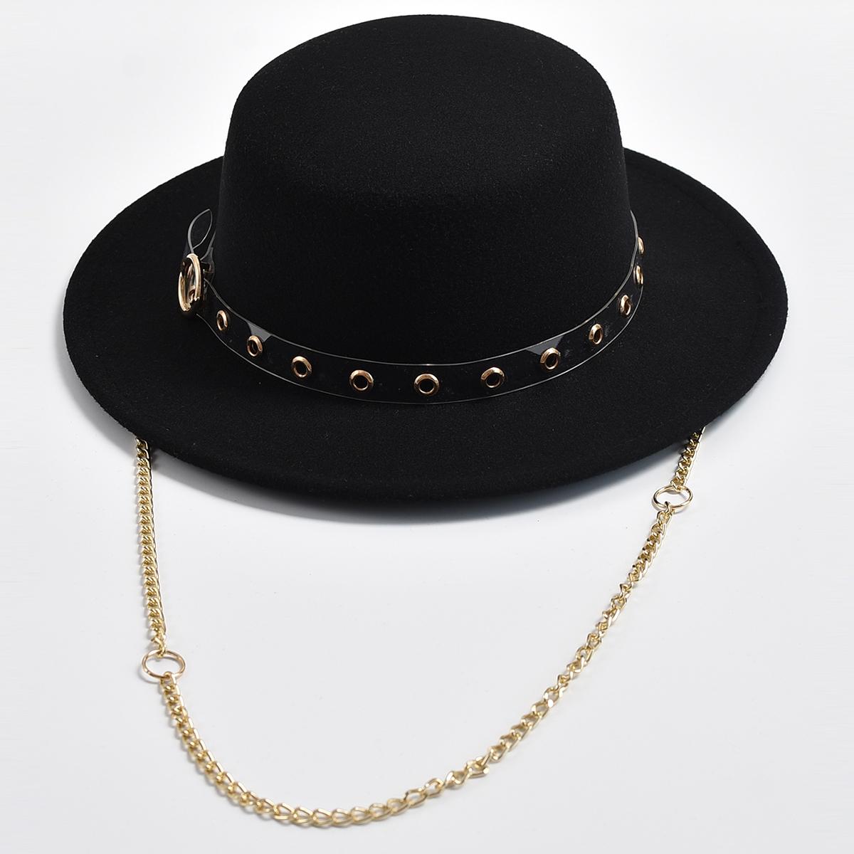 

New Flat Top Fedora Hat for Women Metal Chain Decor Felt Jazz Hats Autumn Winter Elegant Wedding Party Hat Chapeau Femme 56-58cm чорний