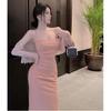 Elegant French Gentle Dress Set: Spaghetti Strap Hip-Wrapping Long Dress with Short Coat.