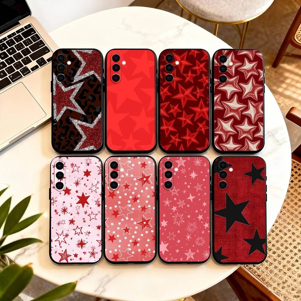 Ins Korea R-Red Stars Phone Case For Samsung Galaxy A73,A72,A71,A70,A53,A52,A51,Soft Silicone Black Cover