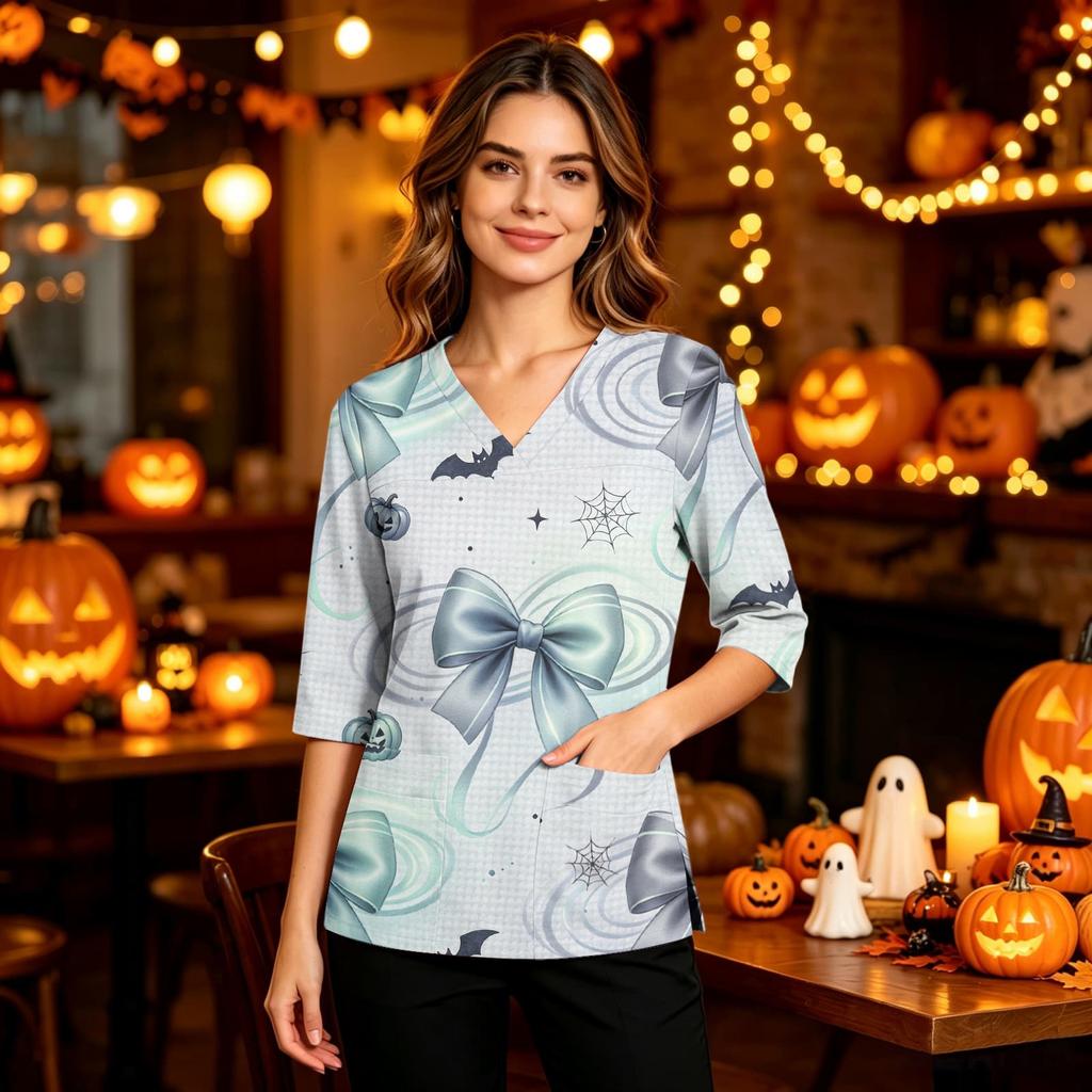 Women's Uniform with V-Neck and Pockets, Side Slit, Three-Quarter Sleeves, Halloween Print