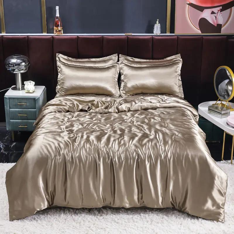 Nordic Satin Silk Bedding Set with Duvet Cover Bed Sheet Pillowcases Luxury Solid Single Double Couple Pillow Case Bedsheet