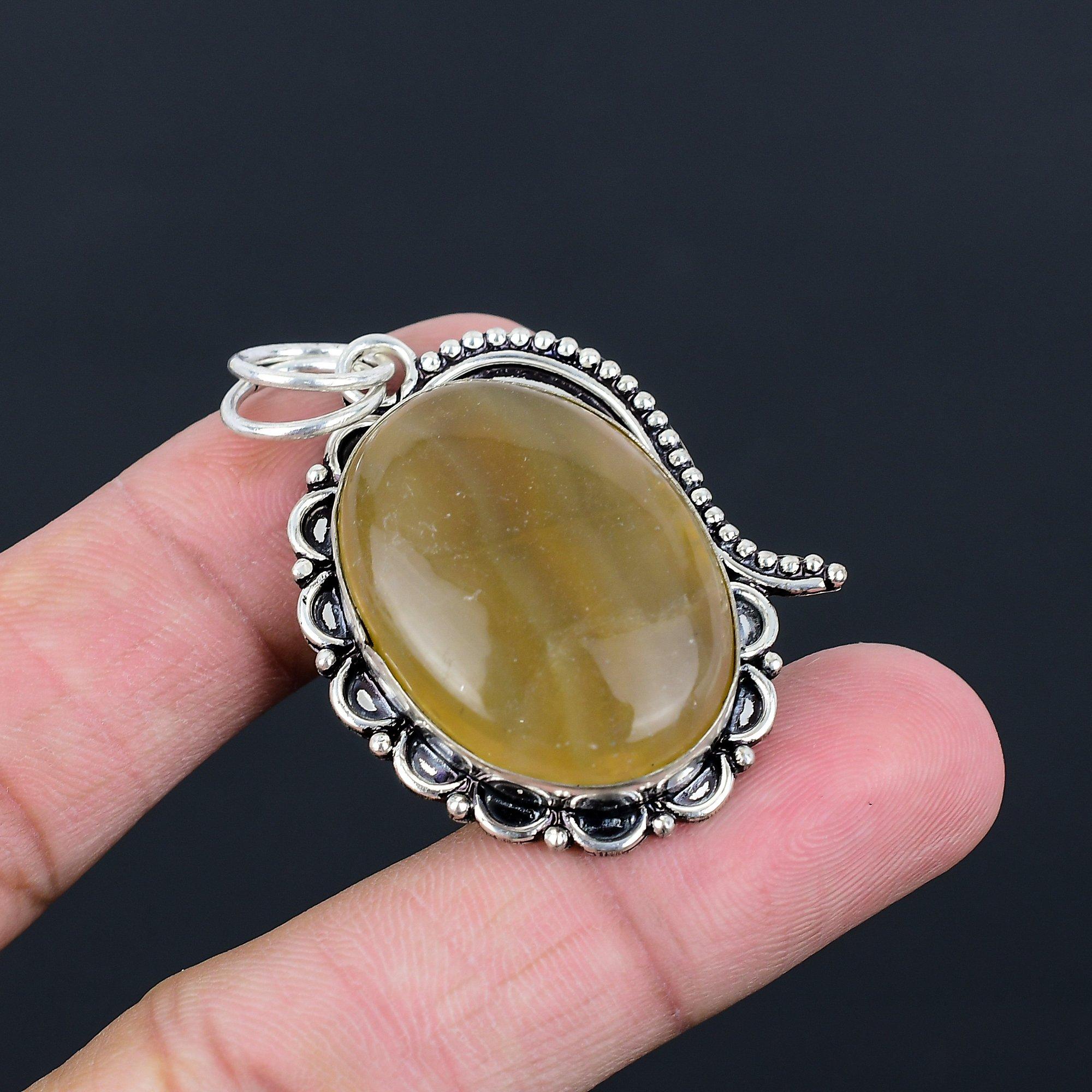 925 Sterling Silver Oval Multi Fluorite Stone Bezel Elegant Handcrafted Pendant