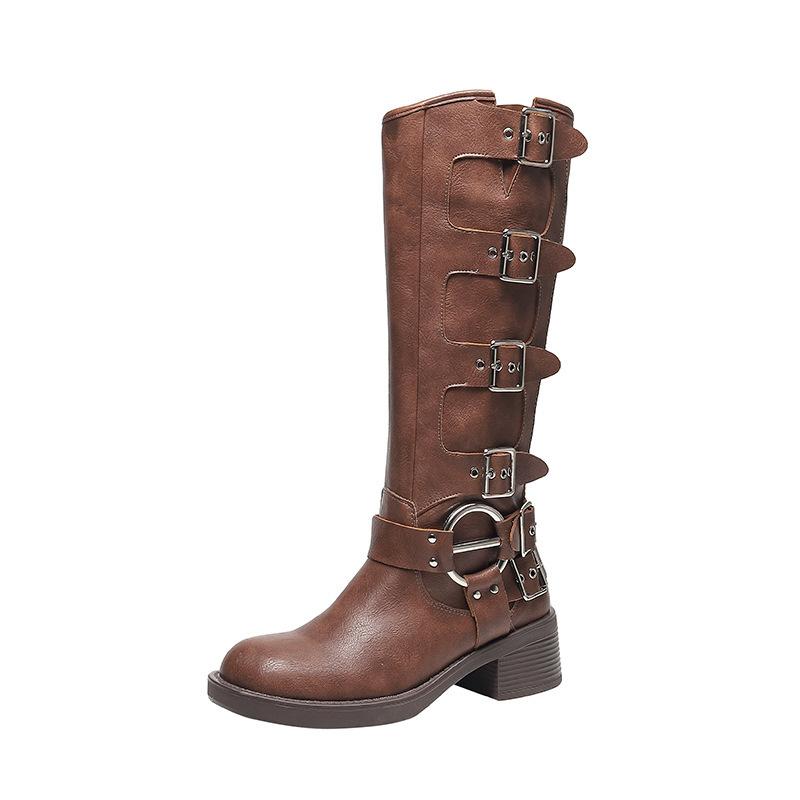 Miu * Home Knight Boots Belt Buckle Thick Heel Martin Boots Women's Leather Retro Knee Boots Western Cowboy Boots