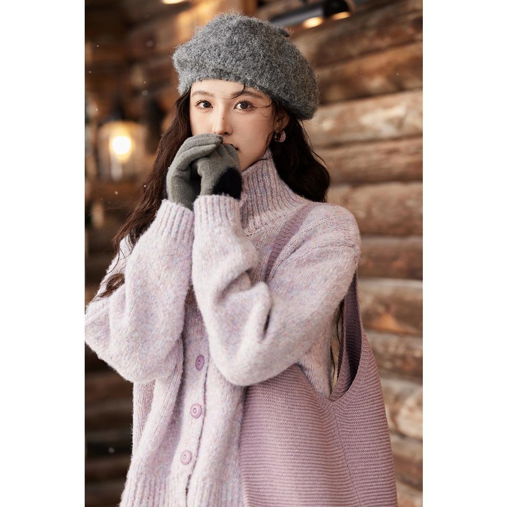 Mishow Женский свитер из шерстяной смеси с отложным воротником однобортный утолщенный теплый универсальный вязаный кардиган MXD59Z1136 F фиолетовый 7679₽