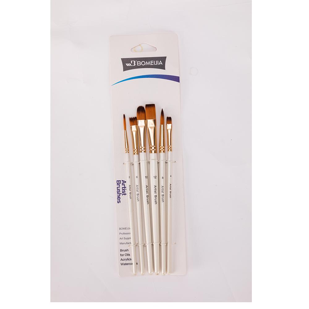 Six-Piece Nylon Hair Paintbrush Set with Pointed and Flat Heads for Acrylic, Watercolor, and Oil Painting - Pearlescent White
