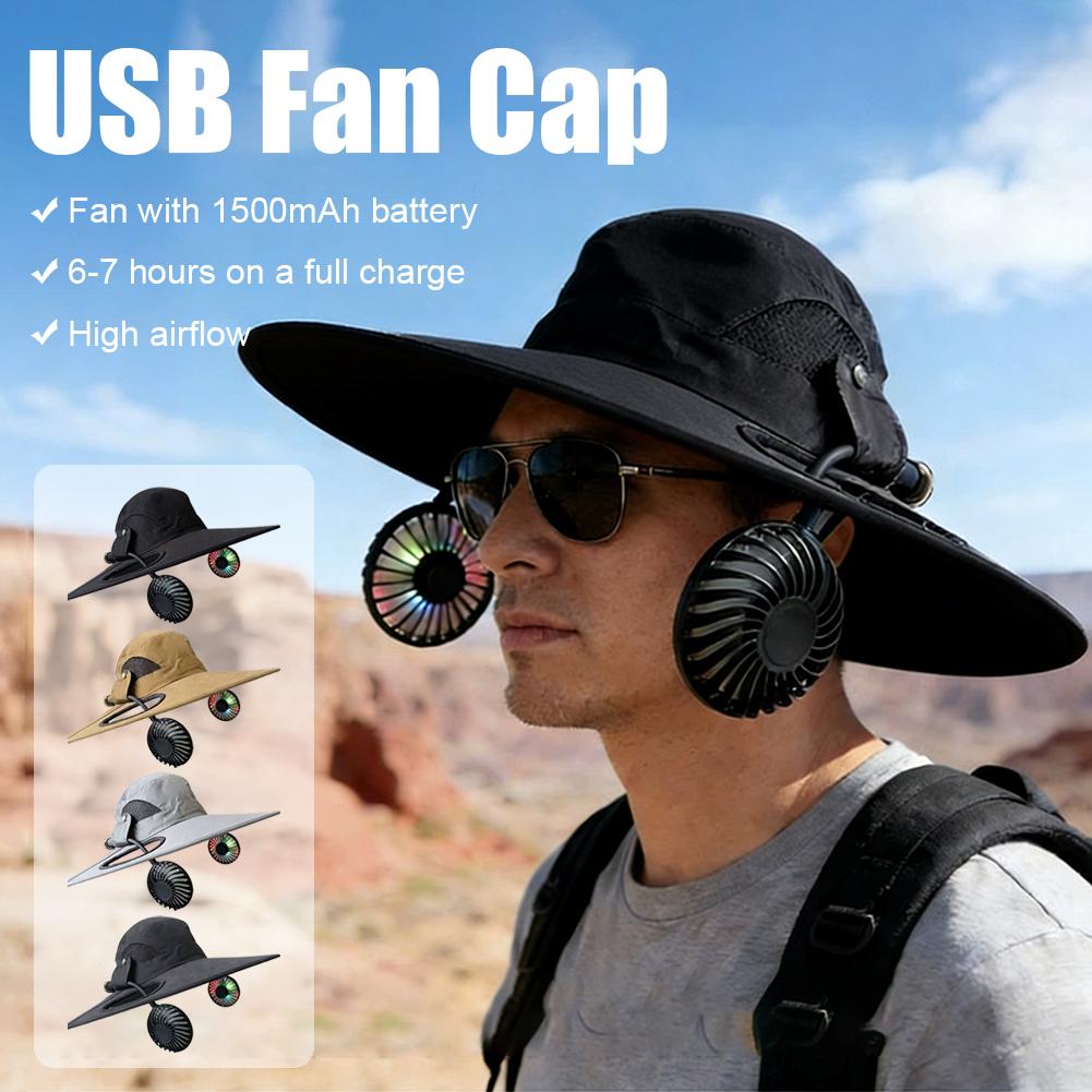 Summer Mens Wide Brim Solar Fan Hat Outdoor Protection Sun Hats With 2 Solar Fan Hiking Fishing Solar Powered Visor Cap Dropping