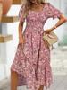 Floral Square Collar Ruched Waist Bubble Sleeve Layered Dress Sweet Style Dress