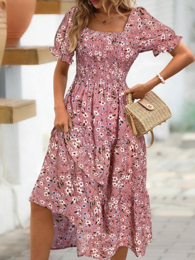 Floral Square Collar Ruched Waist Bubble Sleeve Layered Dress Sweet Style Dress