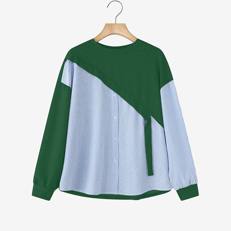 

ZANZEA Women Stripe Patchwork Casual Round Neck Long Sleeve Tee Tops 4XL зелений